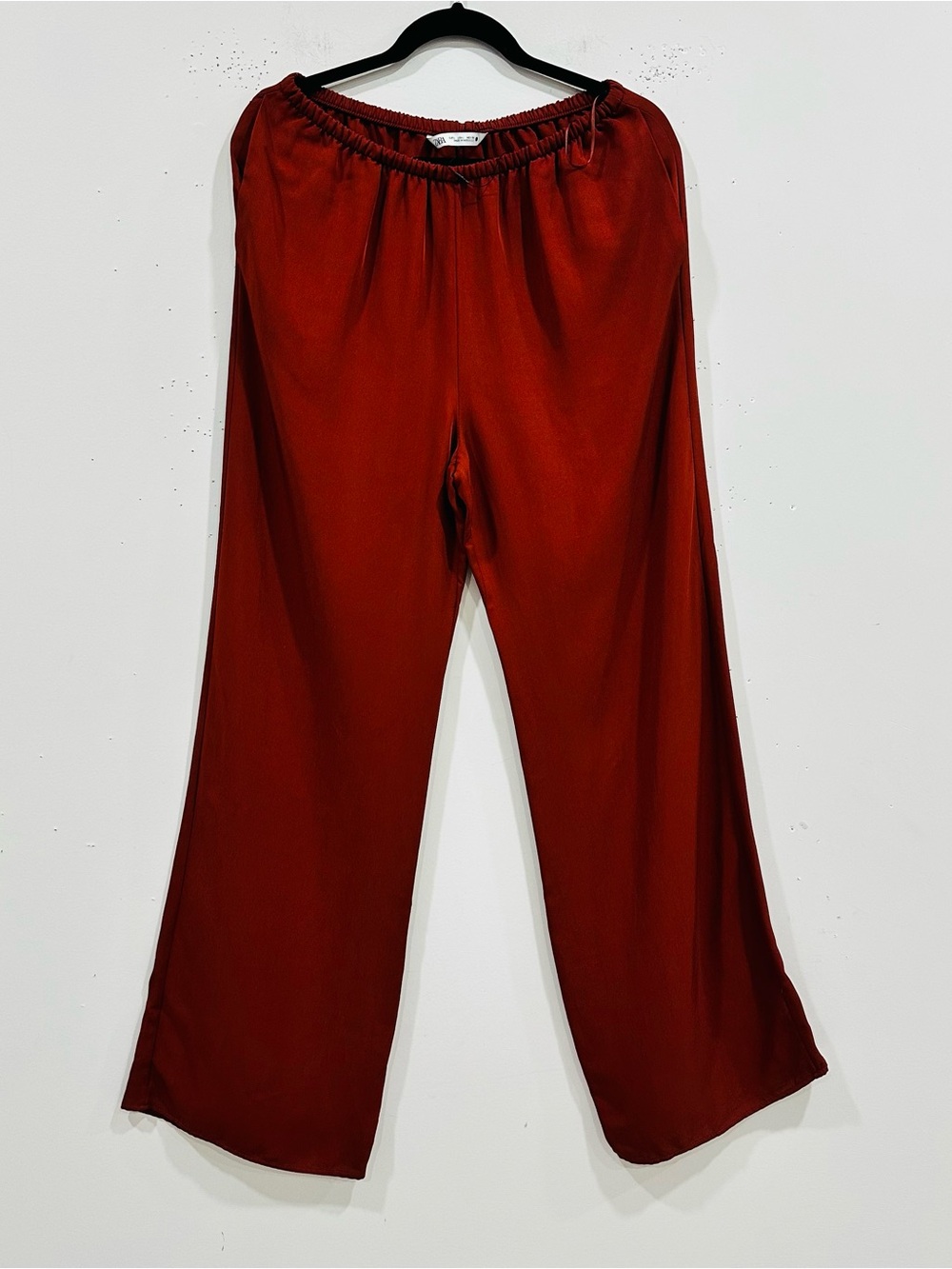 ZARA Wide Leg Fluid Pants Satin Brown Chocolate Elastic Waist Trouser Sz L NWOT - Picture 2 of 10
